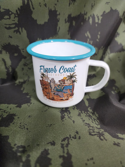 FCO White and Teal 350ml Enamel Cup - Fraser Coast Outdoors