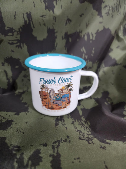 FCO White and Teal 350ml Enamel Cup - Fraser Coast Outdoors
