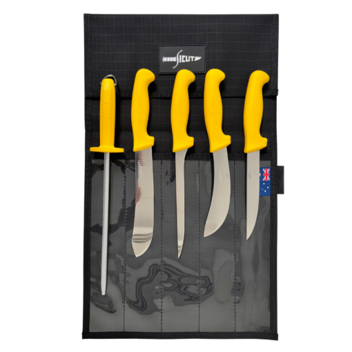 Sicut All Purpose Knife Package – 5 Piece Set with Canvas Wrap – Premium German Steel – Yellow Handle - Fraser Coast Outdoors