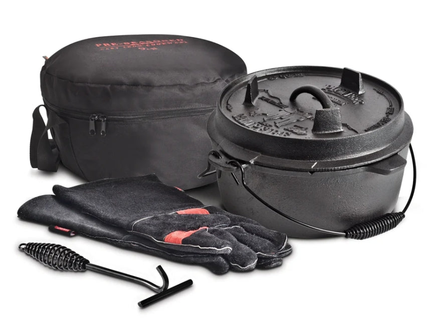 Campfire Camp Oven Duo-Lid Pack 4.5qt w/storage bag, mini lid lifter, leather gloves - Fraser Coast Outdoors