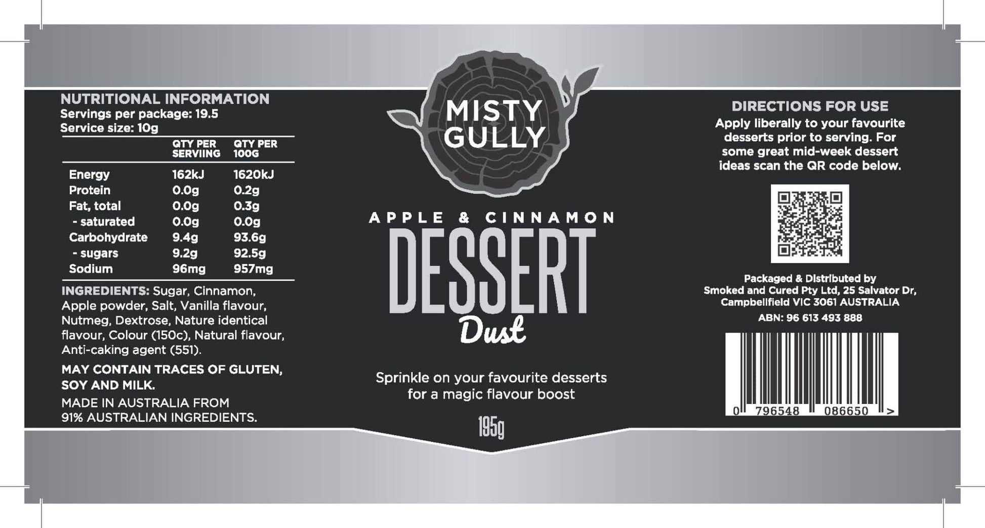 Misty Gully Dessert Dust Apple & Cinnamon195g - Fraser Coast Outdoors